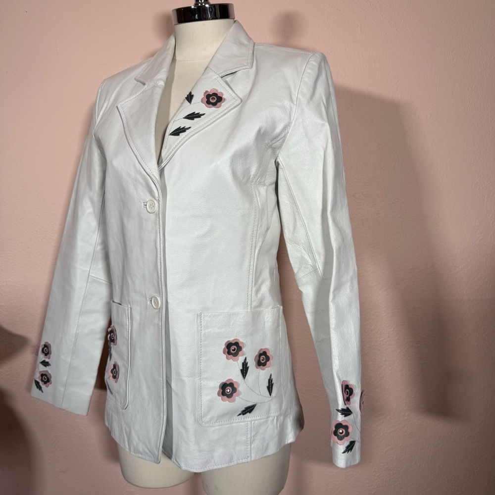 Vintage White Leather feminine appliqué Flower festival jacket Blazer Y2K medium - Picture 6 of 17